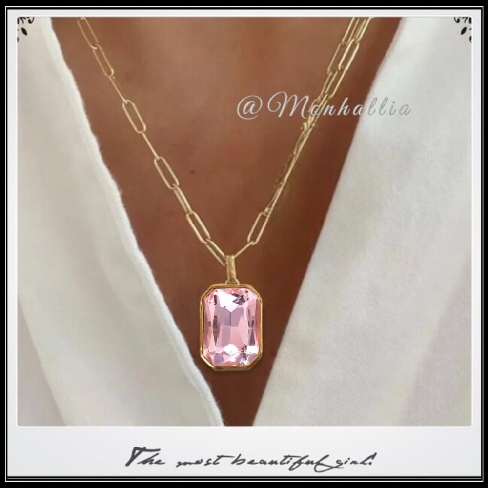New Gold Pink Topaz Amethyst Emerald Cut Crystal Minimalist Paperclip Necklace